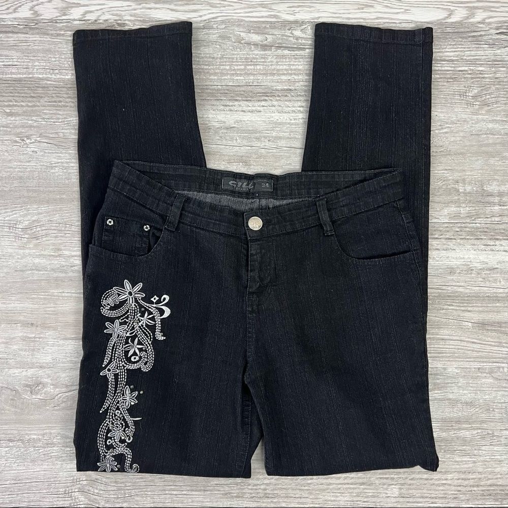 Gill Black Embroidered Crystal Back Pocket Black Denim Jeans Size 34